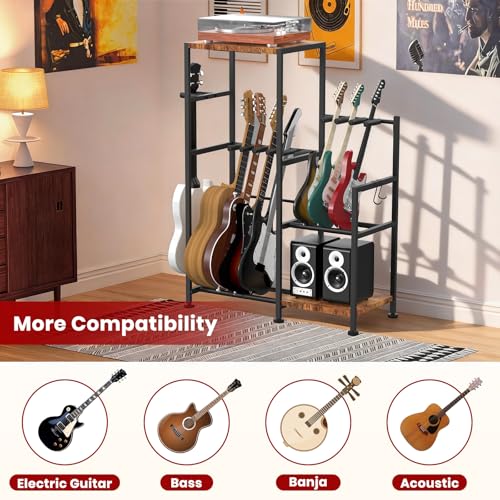 LIFXIZE Guitar Stand for 5 Guitars and 3 ukuleles, Electric Guitar, Bass, Multiple Guitar Rack Holder for Guitars, Guitar Amp Accessories with 2 Wood Shelves for Amp Holder, for Home Music Studio by LIFXIZE - Image 2