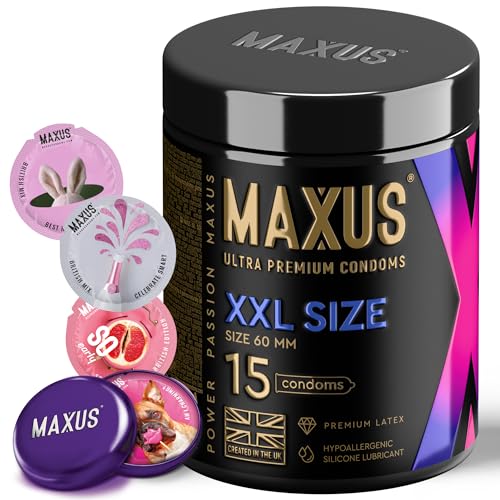 MAXUS XXL, 15 Lubricated Condoms for Men, Wider 60mm Fit, Natural Latex, Easy-On Shape, Premium Quality, Includes Stylish Metal Case, Pack of 15