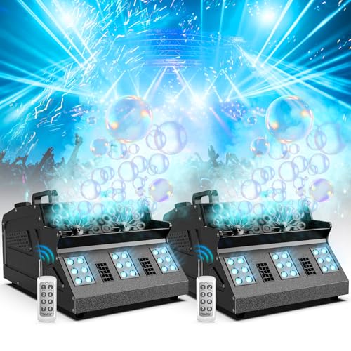 DazzlingStage 3 in 1 Fog Bubble Machine with 2 Bubble Fans, 7 CH RGB 18 LED Lights Smoke Bubble ALL IN 1 Machine, Fog Machine for Halloween, Chrismas, 2 Packs