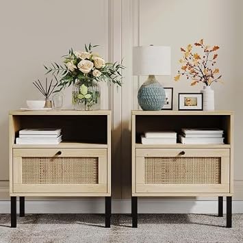 Angel Sar Rattan Night Stand Set 2, Boho Bedside Table Nightstand with Rattan Door, Storage Cabinet, Open Storage Space & Sturdy Metal Legs, Accent Bed Side Table, Wood End Tables Bedroom