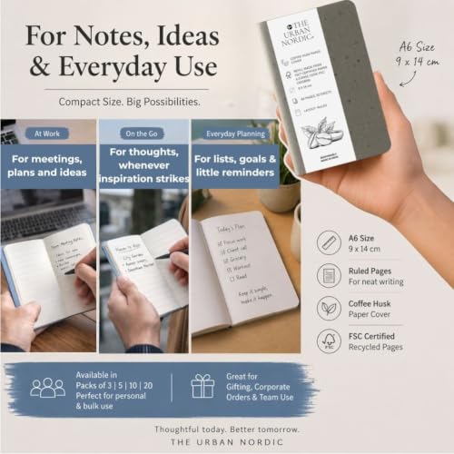 Image of Pocket Notebook A6 Pack of 20 | Mini Notebook for Office, Travel & Daily Notes | Charcoal Grey Tree-Free Coffee Husk Paper Cover | FSC Recycled Pages | Small Notepad