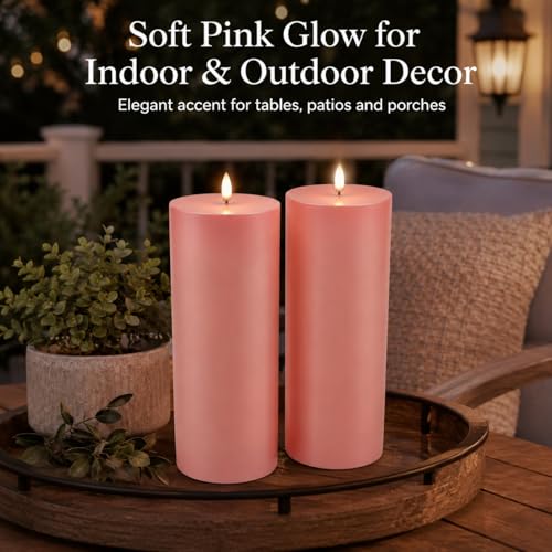 Image of Pink Outdoor Flameless Pillar Candles 8 x 3 Inch, Set of 2 Waterproof Battery Operated Candles with 6 Hour Timer for Patio Porch Decor, Table Centerpiece, Room Decor