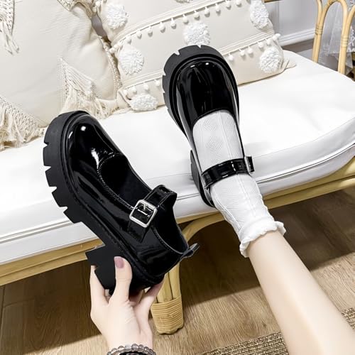 Image of Women's Platform Mary Janes Heart Cat Buckle Rivets Ankle Lolita Gothic Princess Platform Pumps Patent Leather Thorn Vintage Traditional Embroidery Upper Dress Shoes