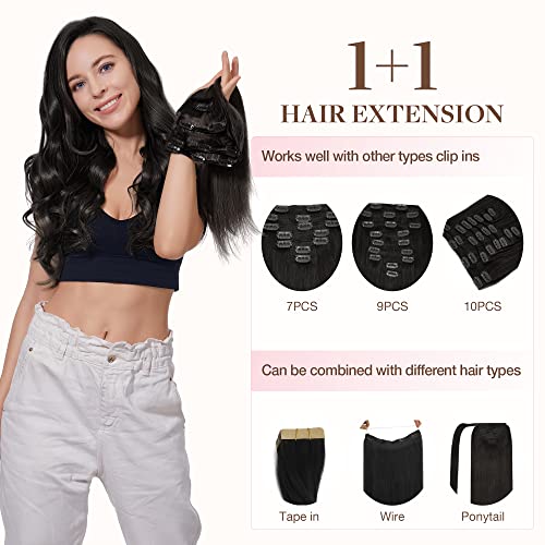 Image of GOO GOO Clip in Hair Extensions Real Human Hair, Remy Human Hair Extensions Clip ins for Women, Natural Human Hair, 16inch 65g 4Pcs, 1B Natural black