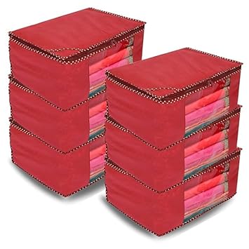 VISKRI Set Of 6 Non Woven With Window Saree cover/Wardrobe Organizer Clothes cover/Storage Cover/Cloth Organizer Cover Storage Space(maroon)
