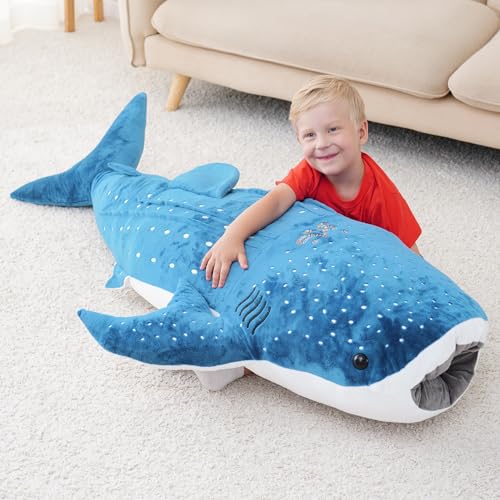 Image of Mukouxun Whale Shark Plush 48 Inch Giant Shark Stuffed Animal Pillow Toy | Gift boxed giant whale shark Stuffed Animal for shark lovers and ocean fans, a Christmas, birthday and holiday gift option