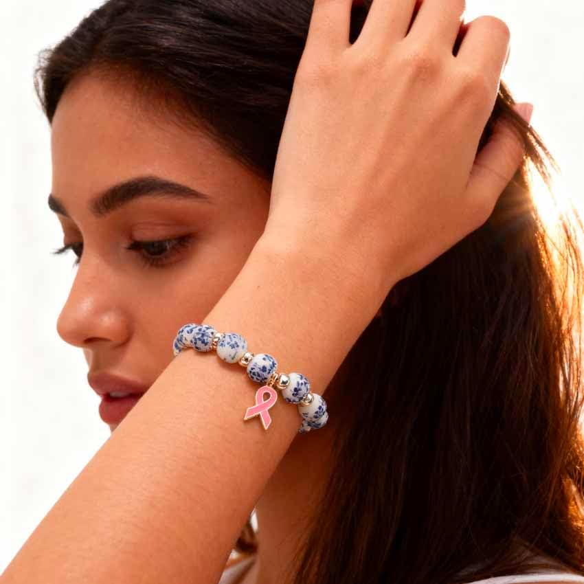 Breast Cancer Bracelets Natural Stone Cancer Awareness Bracelet for Women Pink Ribbon Handmade Beaded Encouragement Gift With Message Card - Image 3