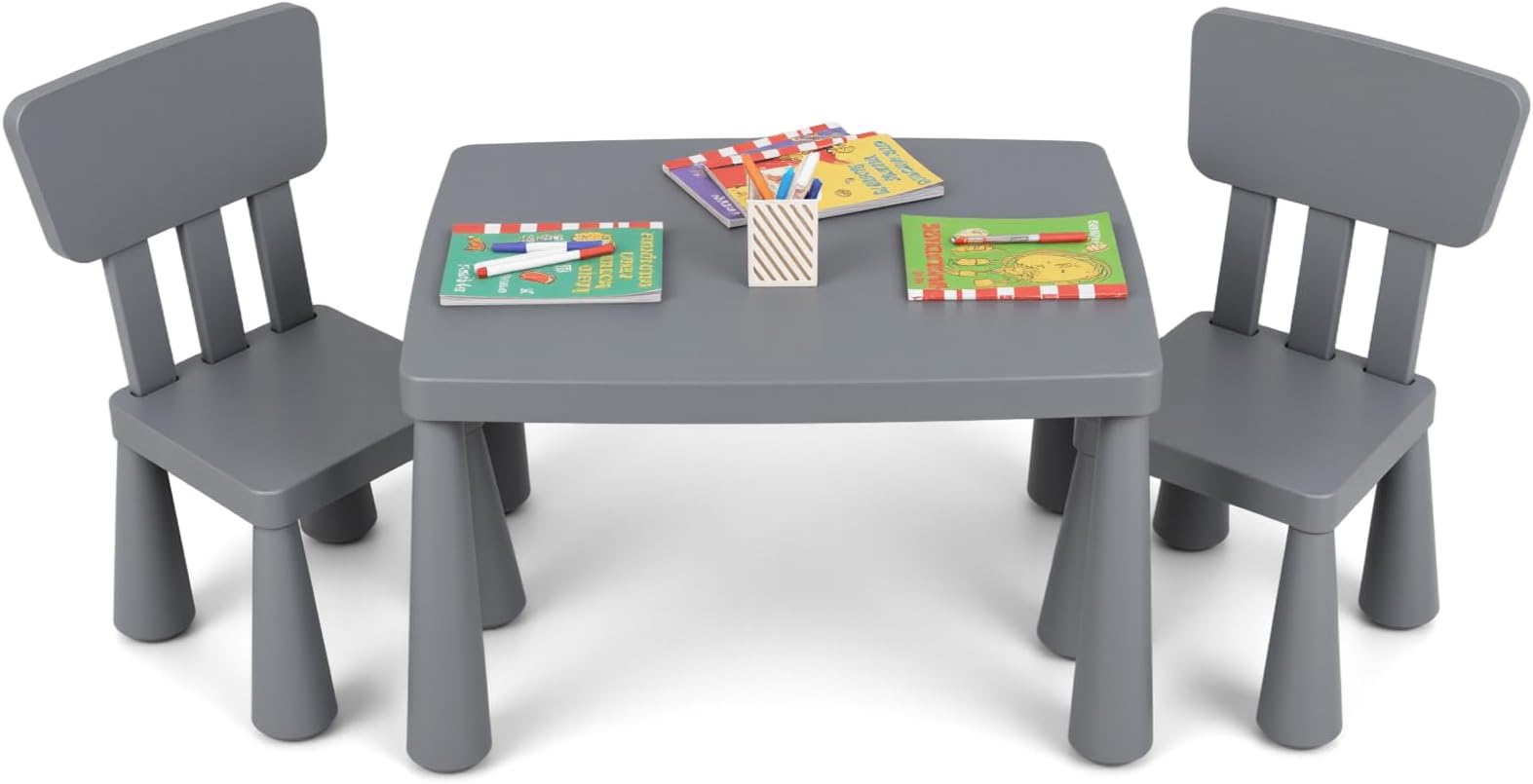 Costzon Kids Table and Chairs, 3 PCS Plastic Toddler Table Set (Gray)