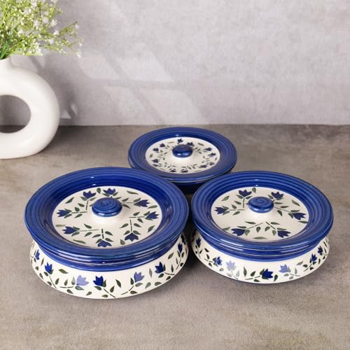 Image of Niyara Premium Ceramic Casserole /Donga Set with Lids - Handcrafted Serving Bowls for Hot Food, Microwave & Dishwasher Safe - Set of 3, Sizes: 1000ML, 650ML, 550ML (Blue leaf design)