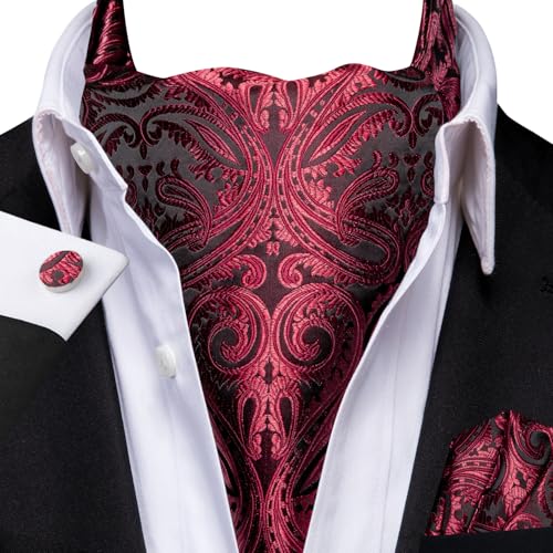 Image of Hi-Tie Silk Ascot for Men Self Tie Men's Cravat and Flower Lapel Pin Handkerchief Cufflinks Set for Wedding Party