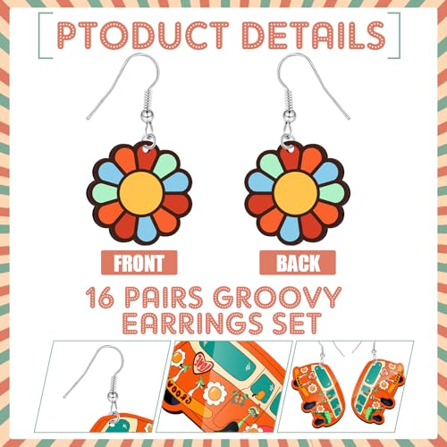 Junkin 16 Pairs Hippie Earrings for Women 70s 80s Groovy Acrylic Retro Boho Earrings Rainbow Daisy Butterfly Flower Women's Drop Dangle for Summer Travel Jewelry Gift2