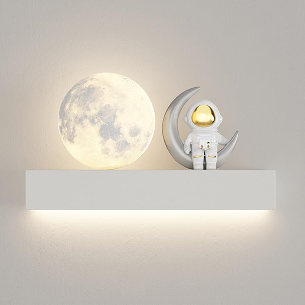 AoLa Mond Wandleuchte Kinderzimmer LED Astronaut Wandlampe lnnen Modern Kreative Cartoon Sternenhimme Astronaut Mond Lampe Nachttischlampe für Junge Mädchen Schlafzimmer Wohnzimmer,Weiß