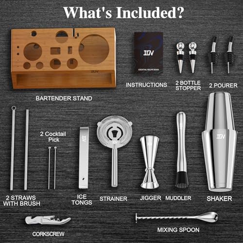 IOV Mixology Bartender Kit Bar Set with Stand | 17-Piece Cocktail Shaker Set | 28oz Boston Shaker Drink Mixer Set with All Essential Accessory Tools | Fun Housewarming Gift (Silver) - Thumbnail 3