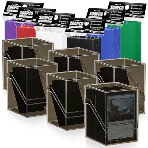 6 Pack Card Deck Cases, Commander Deck Boxes with 600Pcs Card Sleeves and Dividers, Standard Size Cards Storage Box Perfect Fit for MTG, Sport, Trading Cards (6 colors)