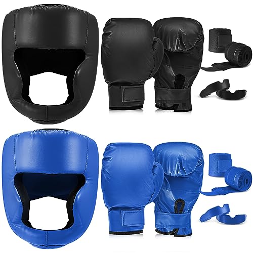 Kanayu 14 Pcs Boxing Gloves and Headgear Set for Beginners Youth 16 Ounce Boxing Gloves Headgear Helmet Hand Wraps Mouth Guards Equipment for Beginners Training Equipment Gifts(Black, Blue) by Kanayu - Used condition - US$40.38