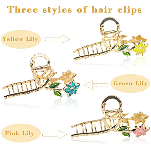Lily Hair Claw Clips For Women 3Pcs Flower Hair Claw Large Lily Floral Non-Slip Strong Metal Hair Clips Hold Hair Acetate Jaw Clips Hair Accessories For Thick And Thin Hair(Blue Pink Yellow) #TOP5