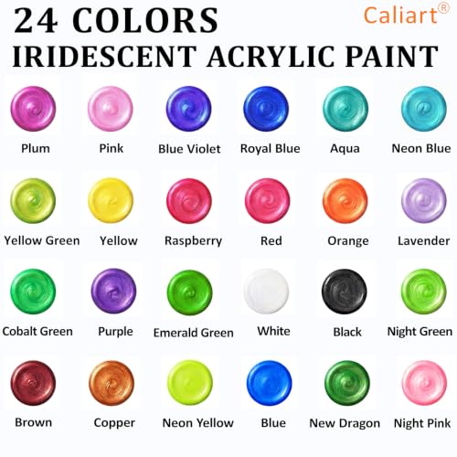 Image of Caliart 24 Chameleon Colors Iridescent Acrylic Paint Set with 12 Brushes ﻿ | Craft Painting kit for Adults Artists Beginners, Rich Pigment Non-toxic, Canvas Wood Rock Pumpkin Ceramic Art Supplies Paint