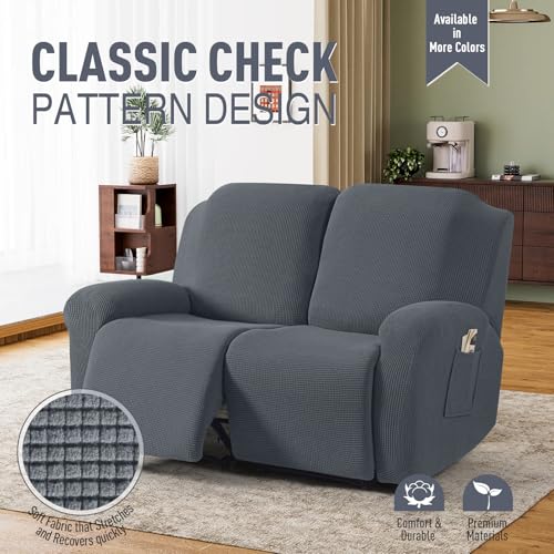 Image of TAOCOCO Loveseat Recliner Sofa Cover for 2 Seater Recliner 6 Pieces Soft Stretch Sofa Cover Stretch Sofa Cover for 2 Seater, Grey