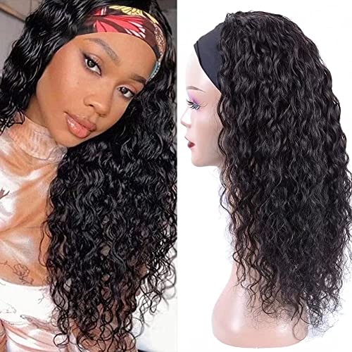 Brasilianische Perücke Echthaar Damen 24 Inch Headband Wigs for Black Women Water Wave Headband Wig Human Hair Wigs With Headbands Attached Lockig Echthaar Perücke Schwarz Cover