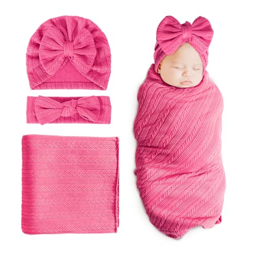 Image of DRESHOW BQUBO Newborn Receiving Blanket Toddler Warm for Girls with Bow Hat and Bow Headband Shower Gift