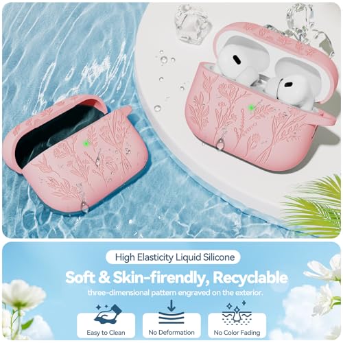 Image of Flower Engraved Case for Apple AirPods Pro 2 Gen with Clean Kit,Soft Silicone Protective Case Cover for AirPods Pro 2nd /1st Generation AirPod Case Carabiner,Front LED Visible,Pink