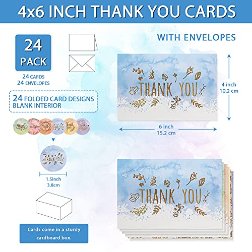 72 Pieces Watercolor Thank You Cards with Envelopes and Stickers Set 6 Designs Gold letter Greeting Note Cards Thank You Envelopes Round Envelope Seal Stickers for Wedding Graduation Baby Shower - Image 3