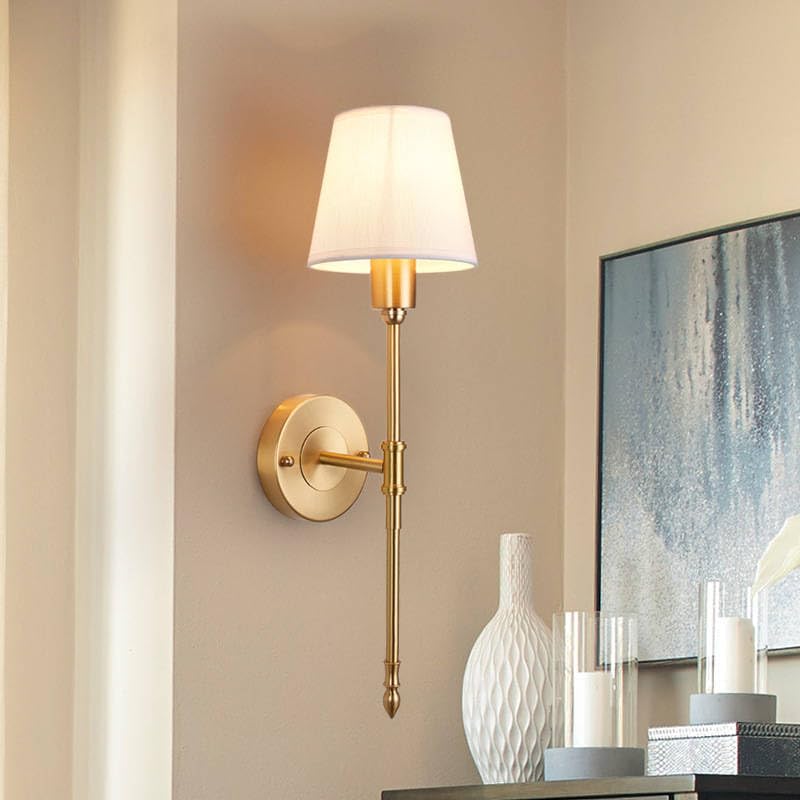 Image of Wall Sconces Sets of 2, Retro Industrial Wall Lamps, Bathroom Vanity Sconces Wall Lighting with White Fabric Shade, Hardwired Column Stand Bathroom Vanity Light Fixture for Hallway (Golden)