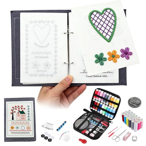 Embroidery Stitch Book Stickbuch zum Selbermachen Stickstichbuch Set mit Nähkasten & Anleitung Tragbares DIY Stickerei Set mit Komplettem Nadel und Fadenset Embroidery-Paket für Anfänger