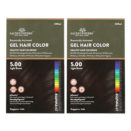 Image of SACRED HERBS Natural Gel Hair Color, Premium Pack | India's 1st pH Neutral Formula | Ammonia, PPD & Paraben Free | 20+ Herbal Actives, 100% Grey Coverage | Conditioning & Damage Free, For Women | LIGHT BROWN 5.00 | Pack of 2 ( 240ml + 20gm, EACH )
