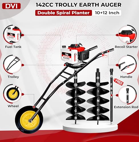 Image of DVI 142CC Trolley Earth Auger Machine, 4-Stroke Petrol Engine - with 10 Inch + 12 Inch Double Spiral Planter Bits & Free Extension Rod | for Plantation, Fencing & Post Hole Digging in All Soil Types.