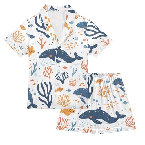 ALAZA Whale Coral Reef Cartoon Pajamas Satin Pajama Set Short Sleeve Button Down Sleepwear