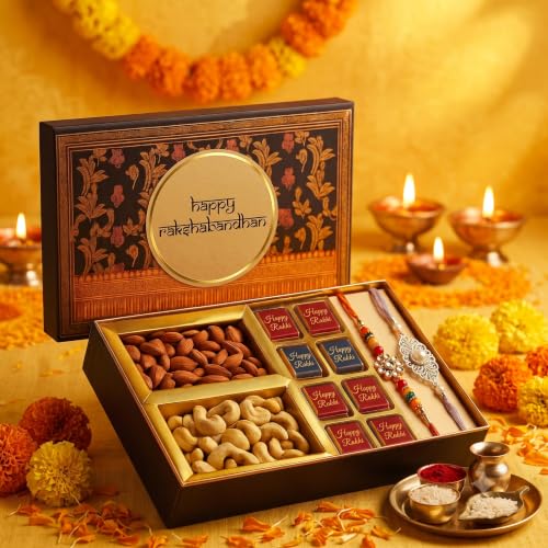 Image of Bay Nut Premium Rakhshabandhan /Rakhi Gift Hmaper for brother and sister |Combo Pack Of Almonds,Cashews 150gm, homemade choclates 100gm, 2 rakhi, rolichawal, card Festive Celebration (h-12)