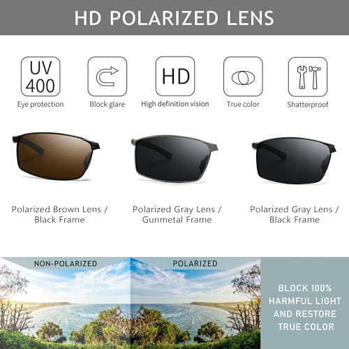 Image of SUNGAIT Ultra-Lightweight Polarized Sunglasses Men for Driving Fishing Golf, Rectangular Metal Frame with Spring Hinge