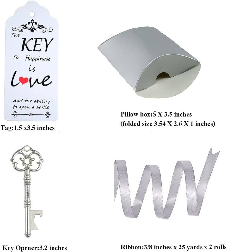 Buy 1 get 1 🔥 50pcs Wedding Favor Souvenir Gift Set Pillow Candy Box Vintage Skeleton Key Bottle Openers Escort Gift Card Thank You Tag French Ribbon(Antique Silver)