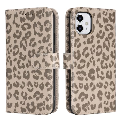Image of for iPhone 12 Case Wallet with Card Holder,for iPhone 12 Pro Wallet Case for Women Men,PU Leather Shockproof Magnetic Buckle Stand Flip Phone Case-Beige Leopard