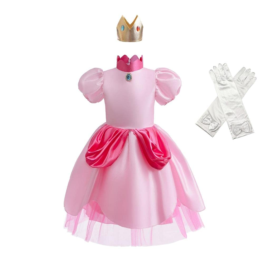 Lito Angels Disfraz Vestido de Princesa Peach con Corona y Guantes para Niña Pequeña Talla 4-11 años, Rosa Caliente