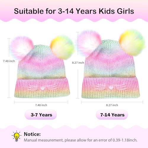 Girls Rainbow Pompom Beanies Hats, Embroidered Cat Knit Beanie Hat for Kids Snow Ski Skull Cap Age 3-143