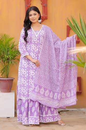 Image of PARTHVI Women's Printed Calf Length Straight Kurta & Skirt With Dupatta Set