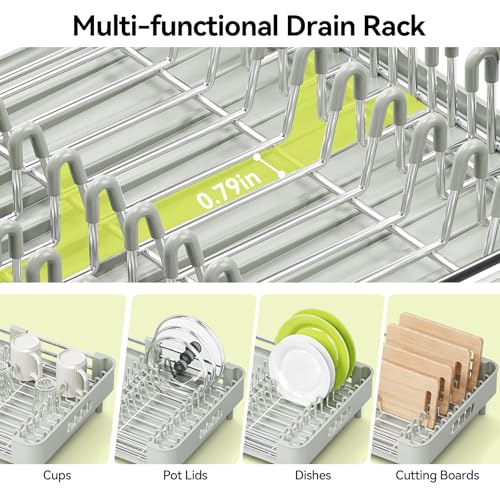 Image of Urackify Extendable Dish Drying Rack, Dual Part Dish Drainers with Non-Scratch and Movable Cutlery Drainer and Drainage Spout, Adjustable Dish Rack for Kitchen, Gray & White