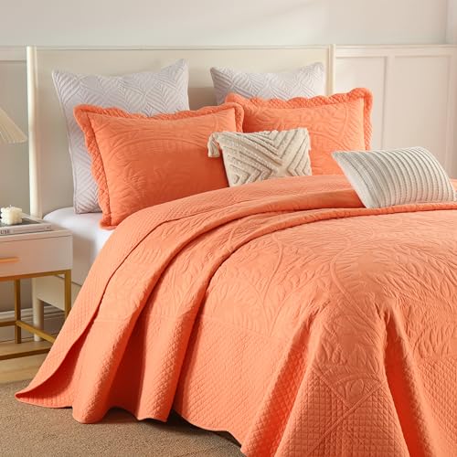 MarCielo 3-Piece 100% Cotton Oversized Bedspread Lightweight Quilt Coverlet Embroidery Farmhouse Bedding Set T0 (Salmon, Oversized King (118"x106"))
