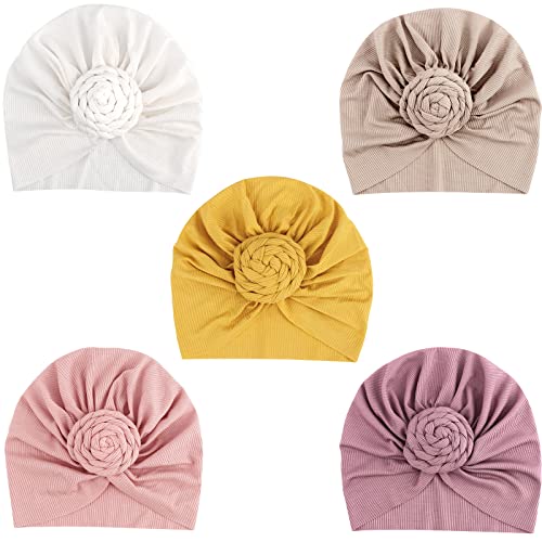 Image of DRESHOW BQUBO 5 Pieces Newborn Baby Turban Hats Bow Baby Infant Beanie Breathable Toddler Cap for Baby Girls