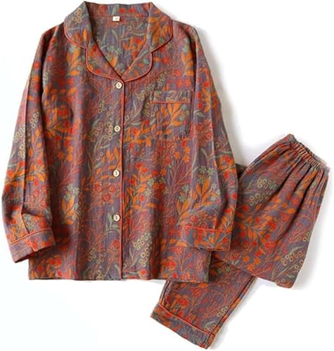 Image of Vintage Leaf Cotton Lapel Loungewear Set, Ginkgo Leaf Button Colorful Floral Pure Pajama, Women's Fashion Sleepwear