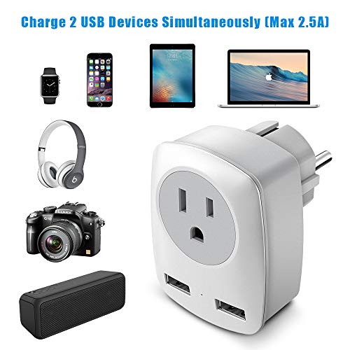 German France Spain European Travel Plug Adapter Type E F (NOT for UK), US to Europe Schuko AC Outlet Adapter with 2 USB, EU Greece Iceland Russia Norway Germany French European Power Adaptor - Thumbnail 3