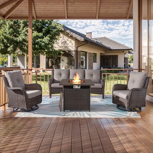 HUMMUH Patio Furniture with Fire Pit 4-Piece Wicker Outdoor Sectional Couch and Swivel Rocking Chairs, Propane Fire Pit Conversation Set for Garden, Backyard, Deck