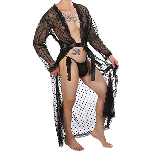 Chictry Mens/Womens Mesh Sheer Long Sleeve Bathrobe Open Front House Kimono Sleepwear Loungwear Polka Dots Black Xx-Large #TOP1