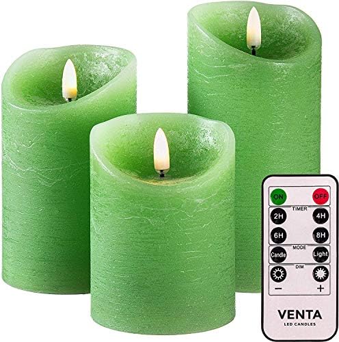 VENTA Set of 3 Realistic Flameless Green LED Candles with Remote Control - 4'' 5'' 6'' Electric Wickless Pillar Battery Operated Candles with Flickering Flame Timer