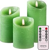 VENTA Set of 3 Realistic Flameless Green LED Candles with Remote Control - 4'' 5'' 6'' Electric Wick