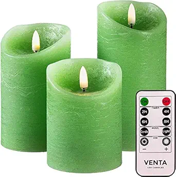 Venta Set of 3 Realistic Flameless Green LED Candles with Remote Control - 4'' 5'' 6'' Electric Wickless Pillar Battery Operated Candles with Flickering Flame Timer