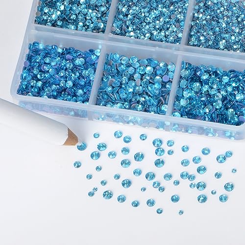 Image of Bymitel Hotfix Crystal Rhinestones Round Gems for Crafts,Mixed 6 Sizes with Wax Pencil Kit, Aquamarine1.3-3.2mm(SS3-SS12 /8000pcs)