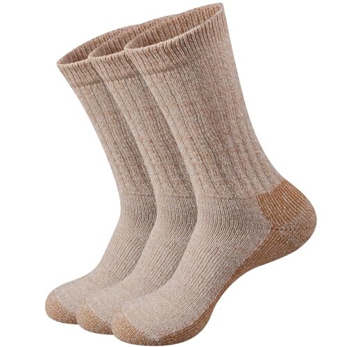 GKX Men's 3 Pairs Wool Hiking Socks, Mid-Weight Cushioning Solo Moisture Wicking Work Workout Outdoor Socks(Light Camel, 10-13)